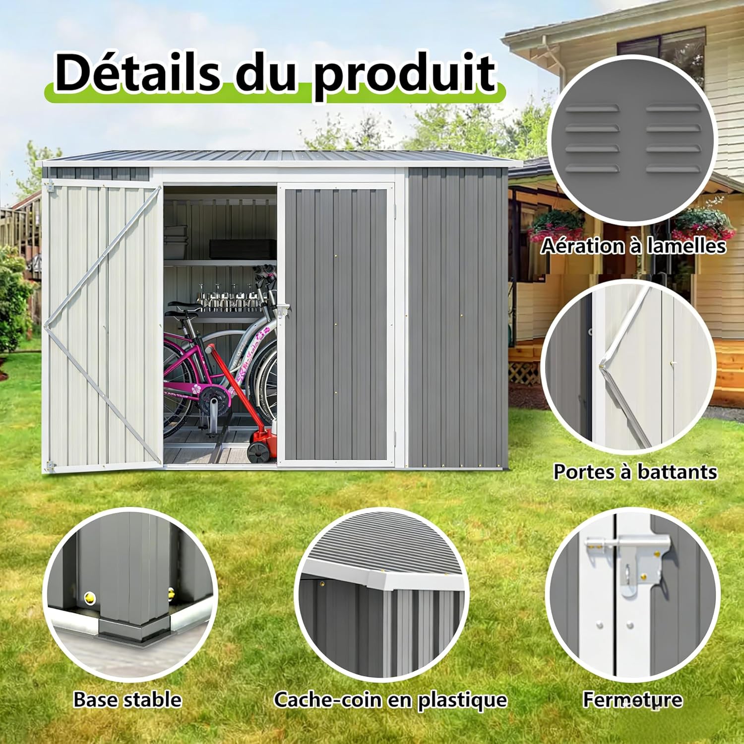 Abri de Jardin Métal 1,8 x 2,4 m – Double Porte Verrouillable avec Sol Inclus – Résistant aux Intempéries pour Rangement des Outils de Jardinage, Tondeuse et Vélo