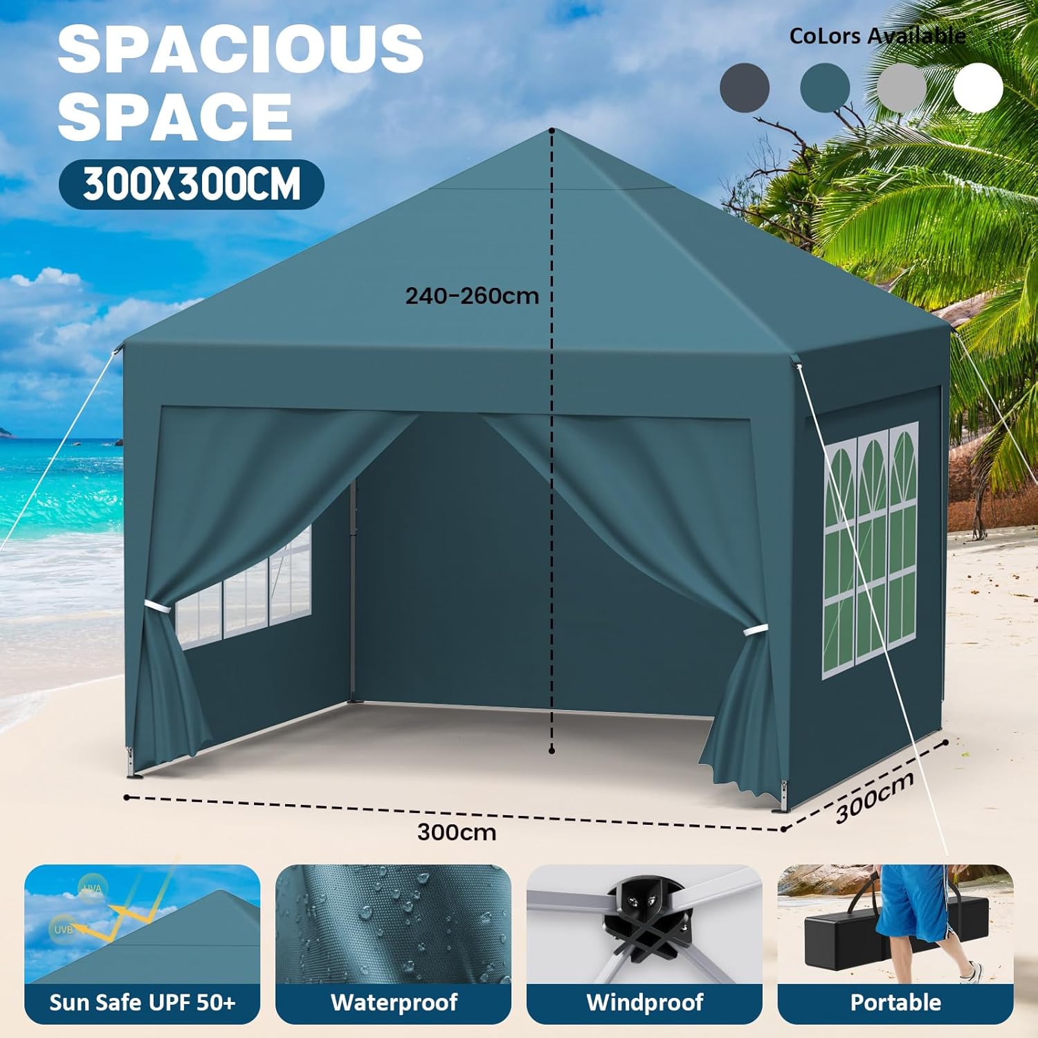 Tonnelle de jardin - pliante 3x3m - 4 côtés, imperméable, UV50+, hauteur réglable, sac transport
