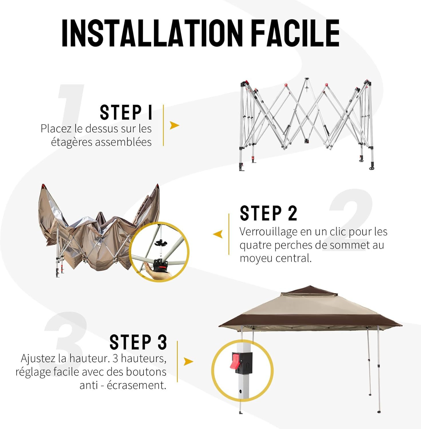 karaca-alisveris Tonnelle de Jardin 4 x 4 m, Pop Up Gezebo Exterieur Imperméable, Abri de Jardin Réglable en Hauteur, Double Toit avec Côtés en Maille Zippée, Sac de Transport, Beige