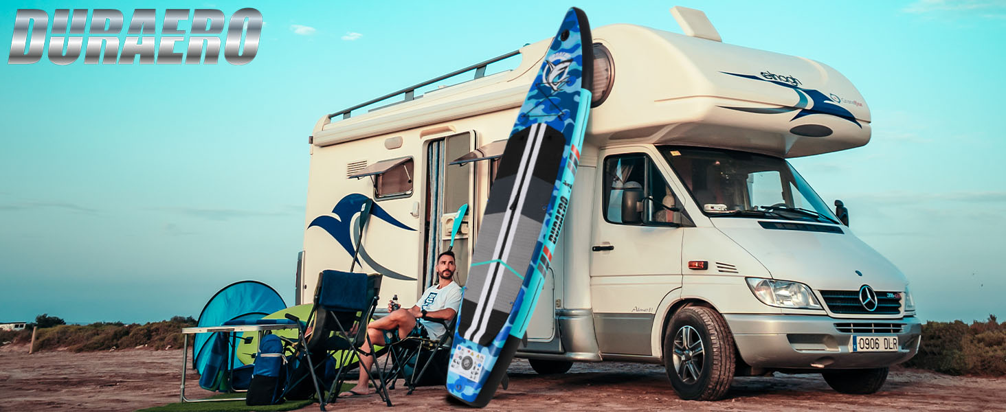 Série de photos montrant des véhicules récréatifs (VR) ou des camping-cars garés à l'extérieur sur fond de ciel bleu.