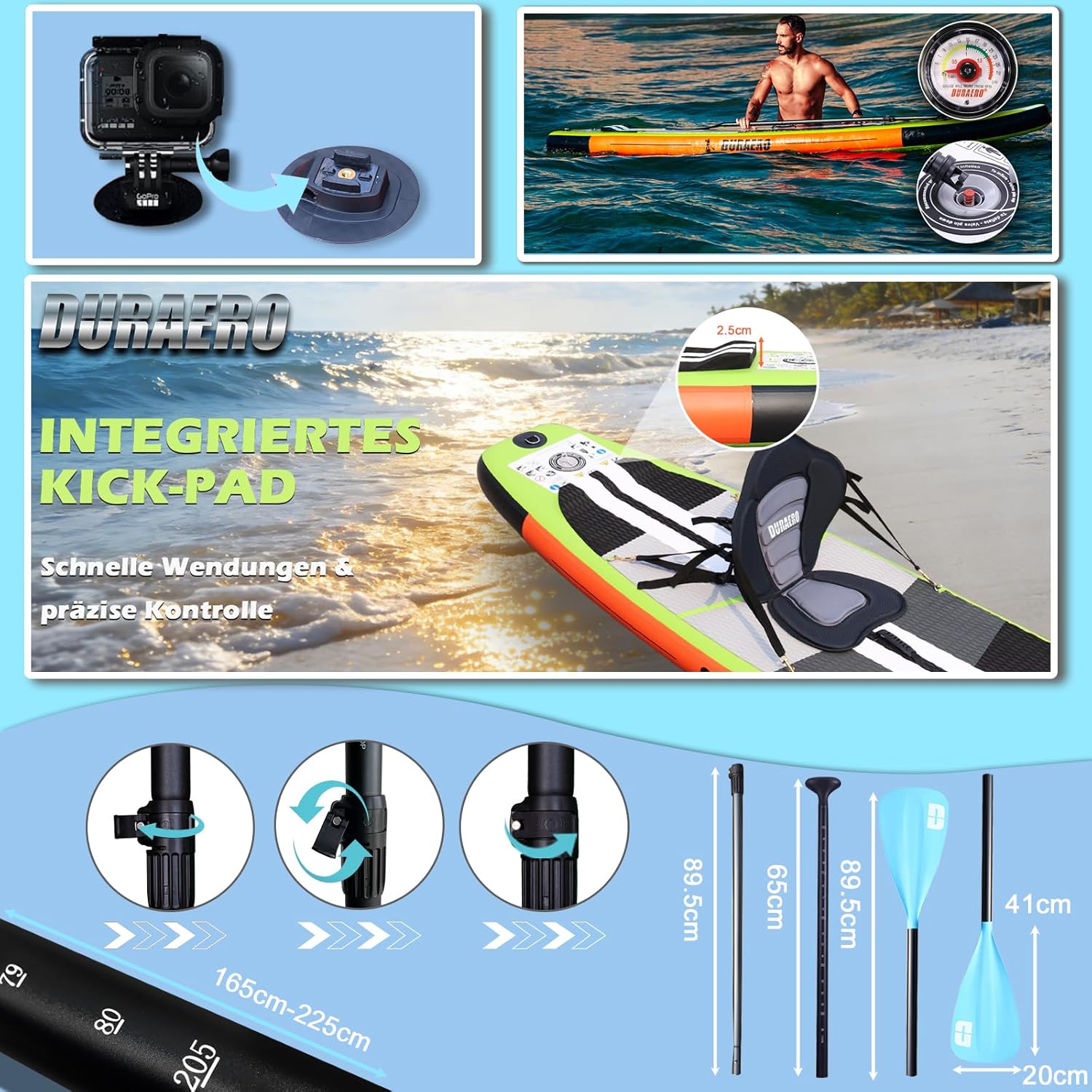 Planche de paddling SUP - siège kayak, 330x76x15cm, 150kg, coussinet, 3 ailerons, double pagaie, accessoires, SUP33015