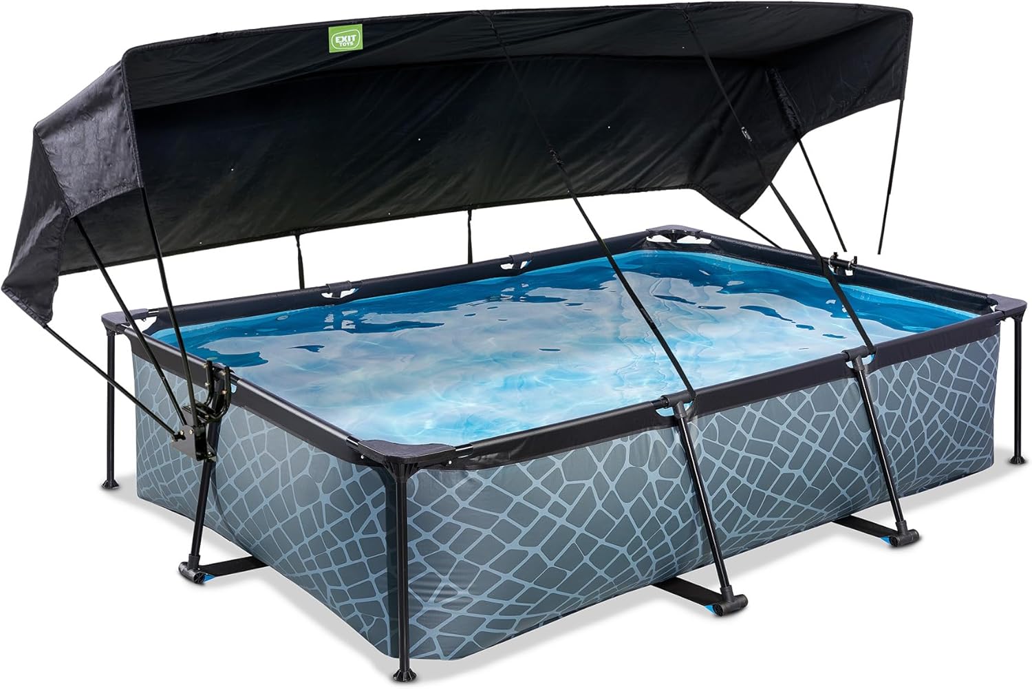 karaca-alisveris Piscine Stone avec Voile d'Ombrage - 300x200x65cm - Piscine Hors Sol Rectangulaire avec Pompe Filtrante à Cartouche - Protection Optimale Contre Les Rayons UV - Entrée Basse - Gris
