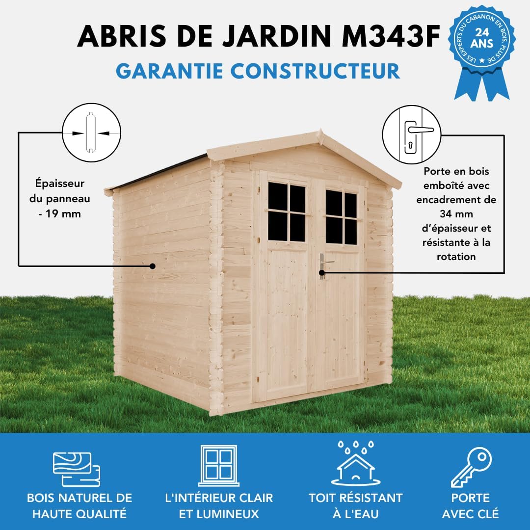 Abri de Jardin en Bois avec Sol TRAITÉ Porte verrouillable de Haute qualité - Stockage extérieur I216xL206xH218 cm/ 3.53 m2 - Toit imperméable, fenêtres karaca-alisveris M343F+M343G