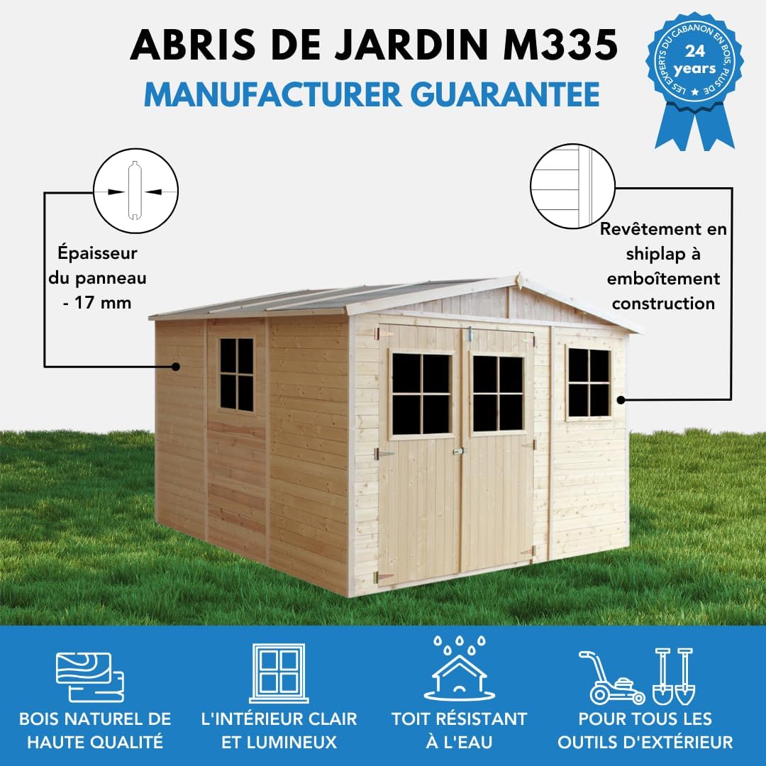 Abri de Jardin en Bois Naturel - Stockage extérieur avec fenêtres- H226x316x324 cm/9 m² Hangar en Bois Naturel - Atelier Rangement Outils et vélos- karaca-alisveris M335