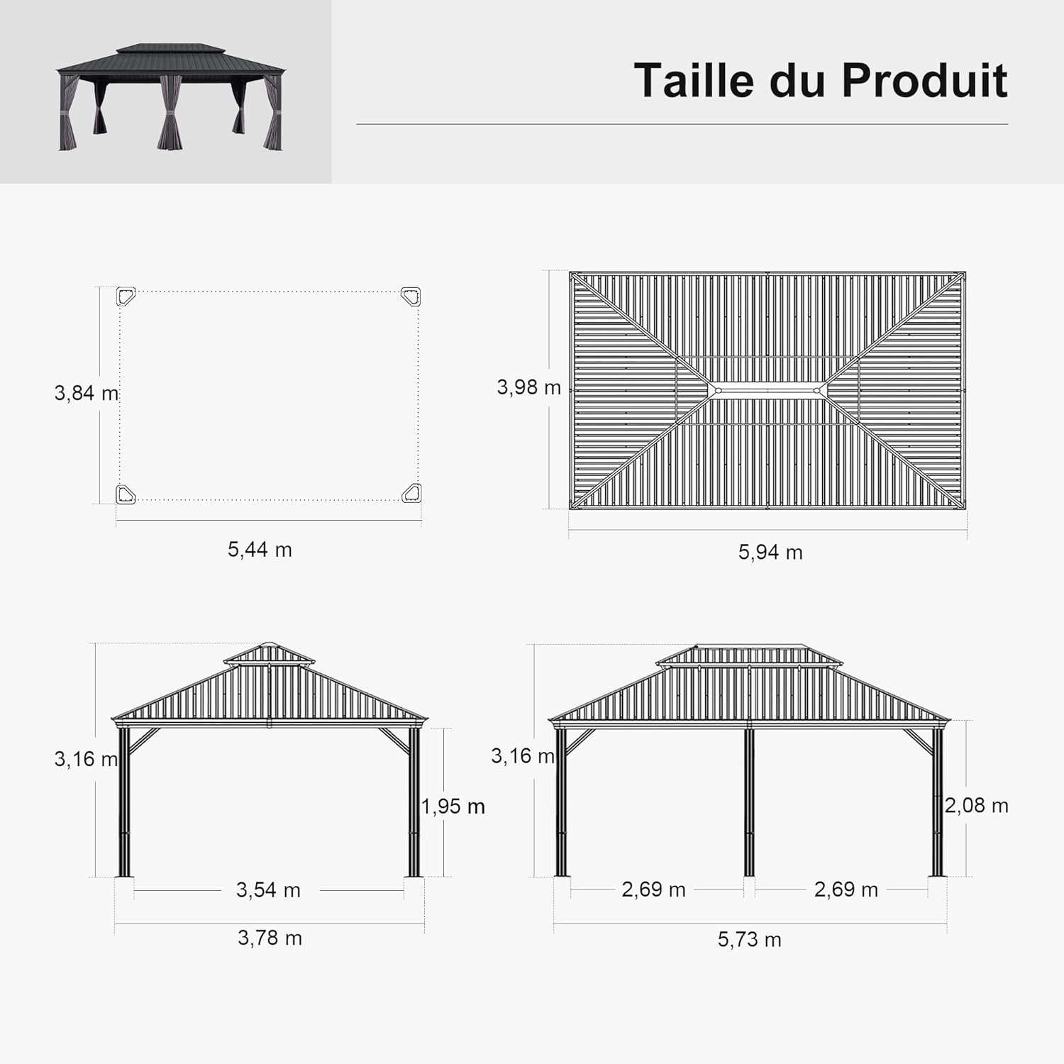 karaca-alisveris - Pergola Série Extérieur - 6x4m - Toit acier, moustiquaire, rideaux, gouttière