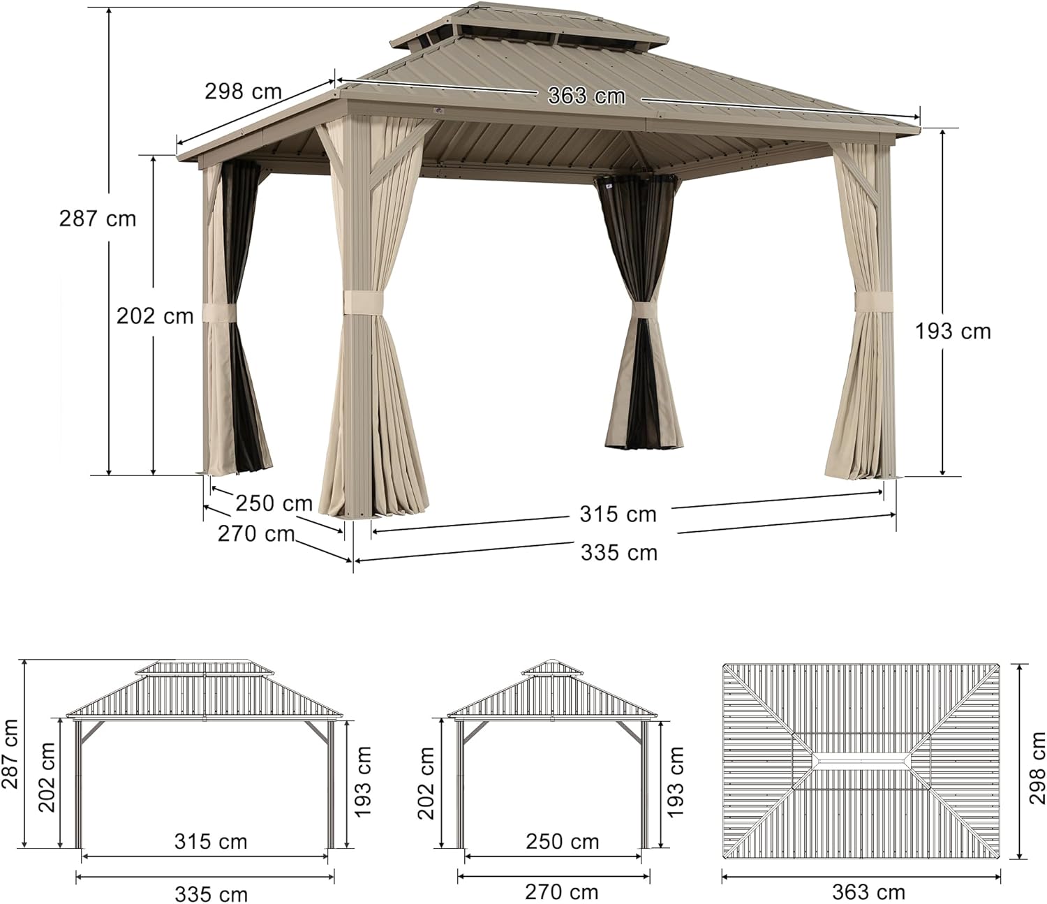 karaca-alisveris - pergola aluminium - 3,65x3m - double toit, moustiquaire, rideaux