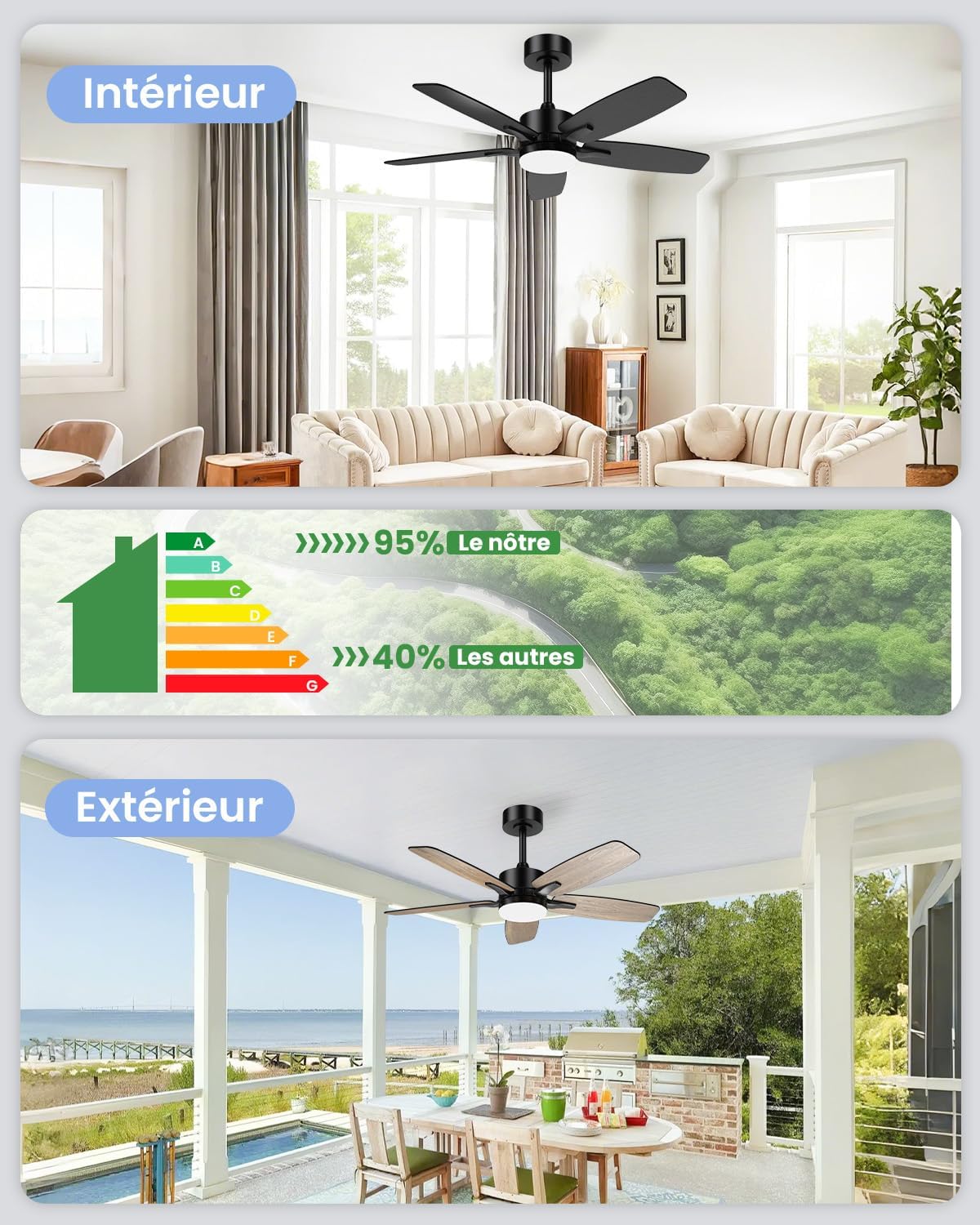 Ventilateur plafond LED 106cm, 5 pales bois/noir, télécommande, minuterie, 6 vitesses