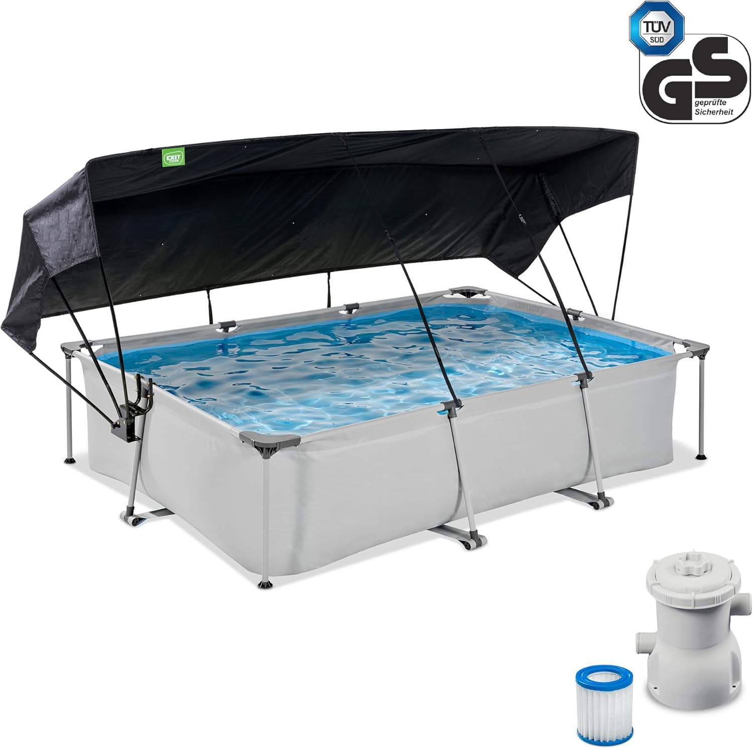 karaca-alisveris Piscine Soft Grey avec Voile d'Ombrage - 300x200x65cm - Piscine Hors Sol Rectangulaire avec Pompe Filtrante à Cartouche - Protection Optimale Contre Les Rayons UV - Entrée Basse - Gris