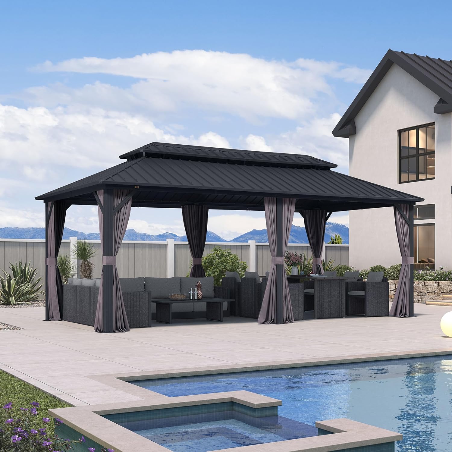 karaca-alisveris - pergola double toit 6x3m, alu & acier, rideaux & moustiquaire