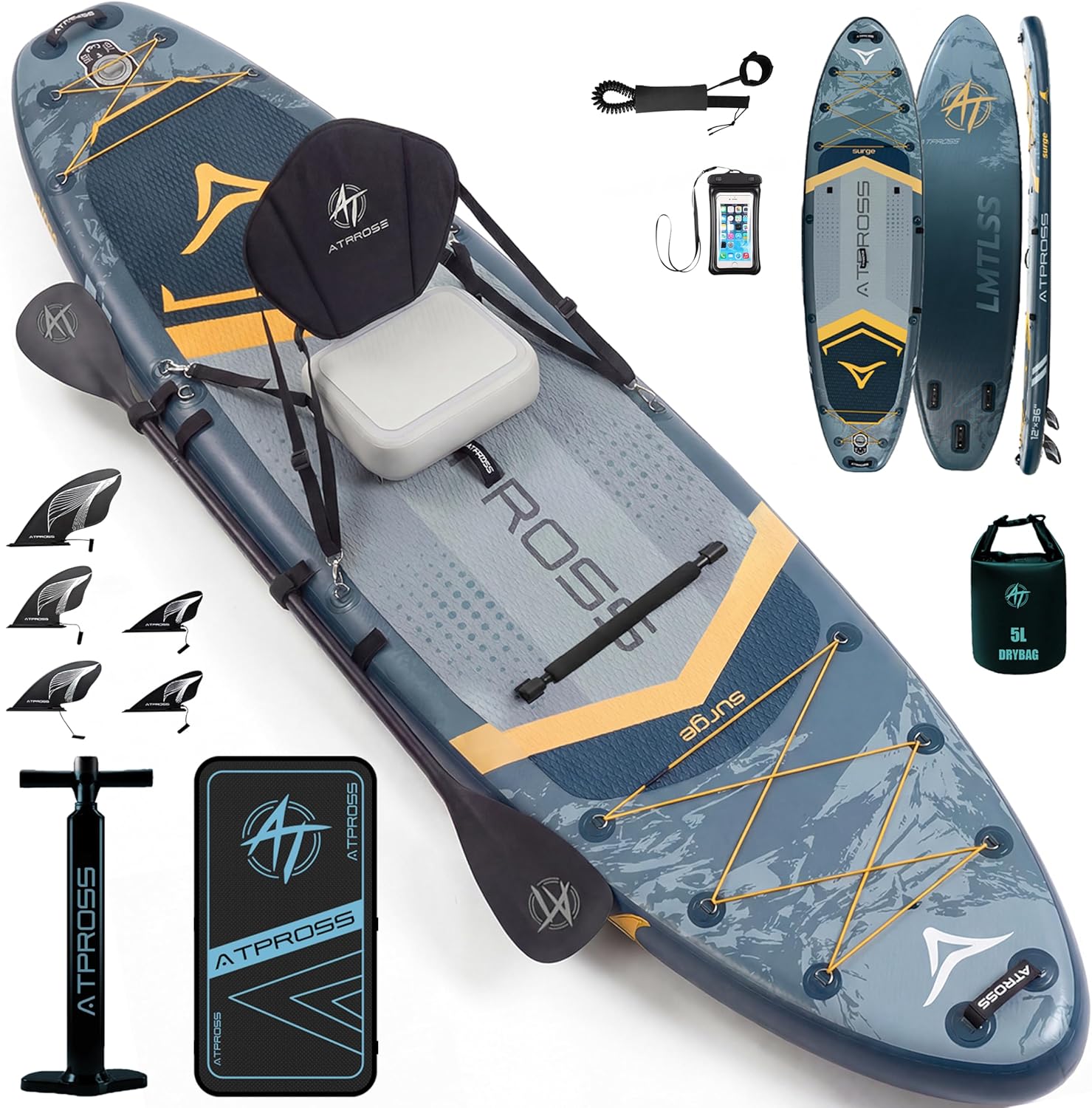 Planche de Paddle Gonflable Adulte avec Siège Kayak & Accessoires, 366x92cm Sup Extra Large & Stable, Charge 240kg, Kayak Gonflable 2 Places pour Yoga, Pêche et Surf