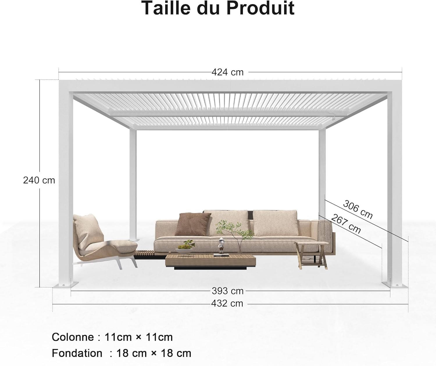 karaca-alisveris - pergola bioclimatique - 4,24x3m - aluminium, stores enrouleurs, lames orientables