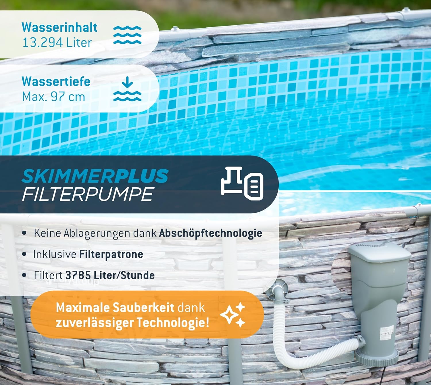 karaca-alisveris - Frame Pool Kit rond - 427x107 cm - aspect pierre grise, pompe à filtre