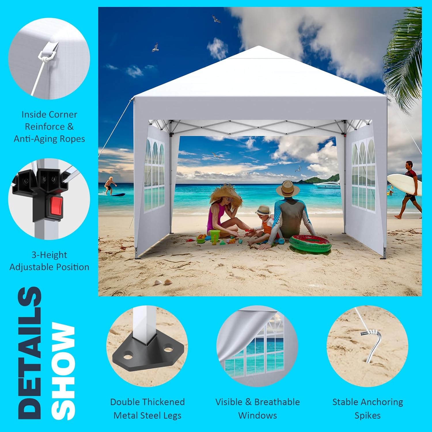 Tonnelle de jardin pliante 2,5x2,5m, imperméable, UV 50+, 4 côtés
