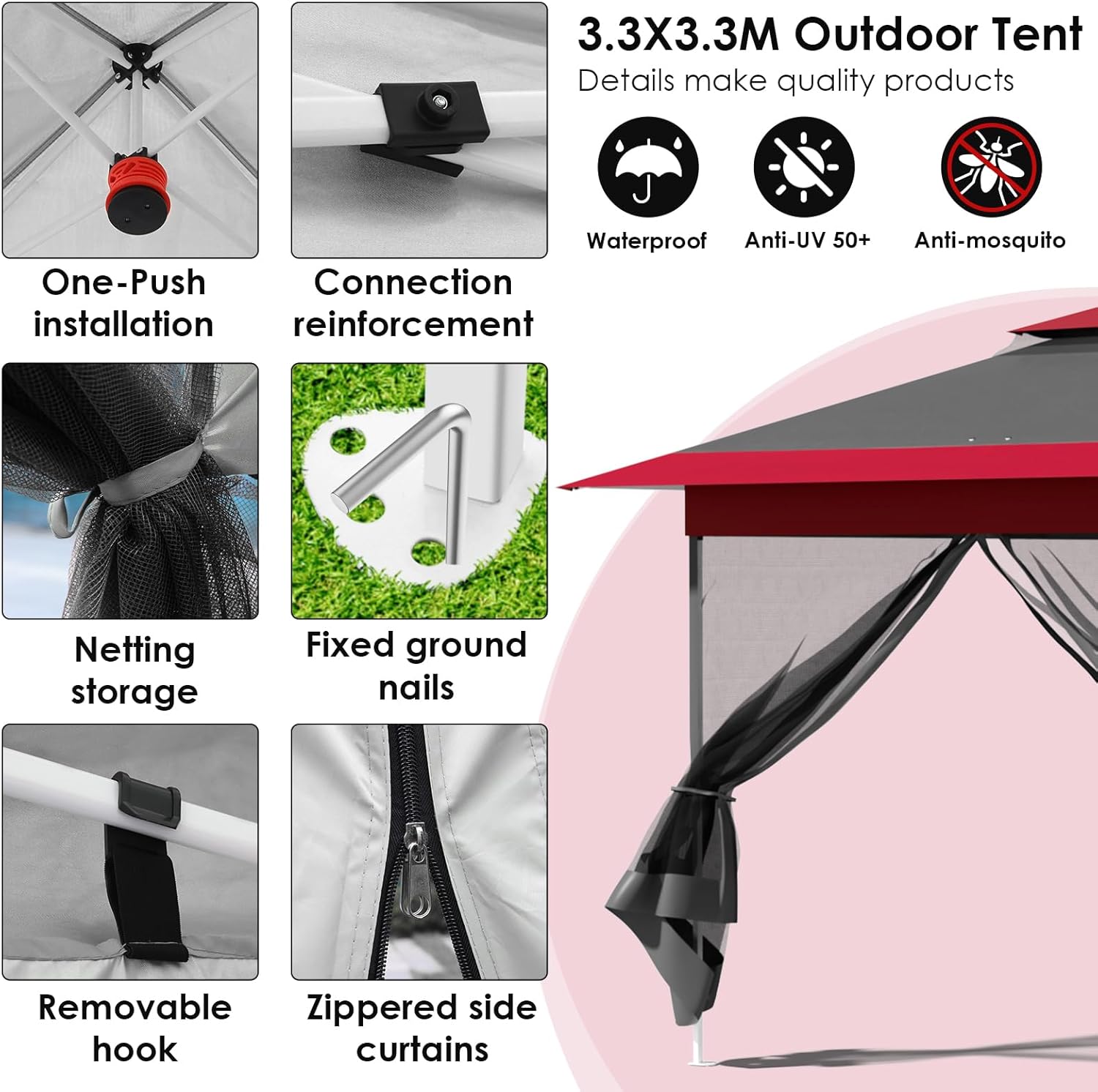 Tonnelle pliante - 3,3x3,3m - imperméable, moustiquaire, double toit, sacs sable