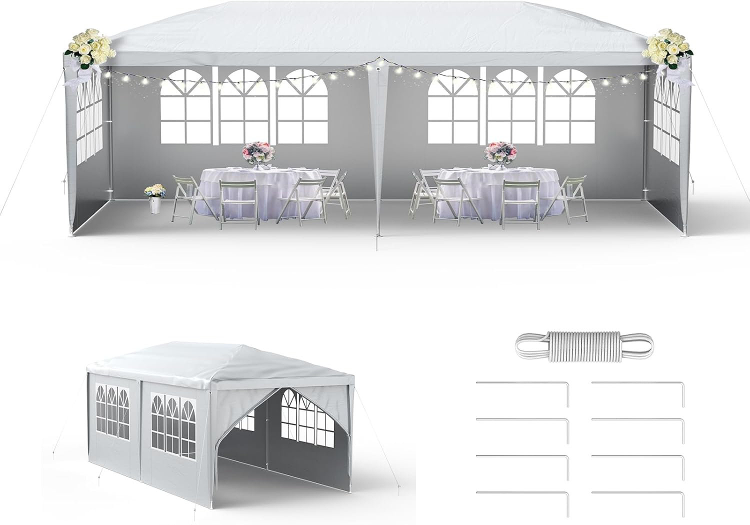 LZQ - Tonnelle de jardin, 3x6m, imperméable, 6 parois, avec fenêtres