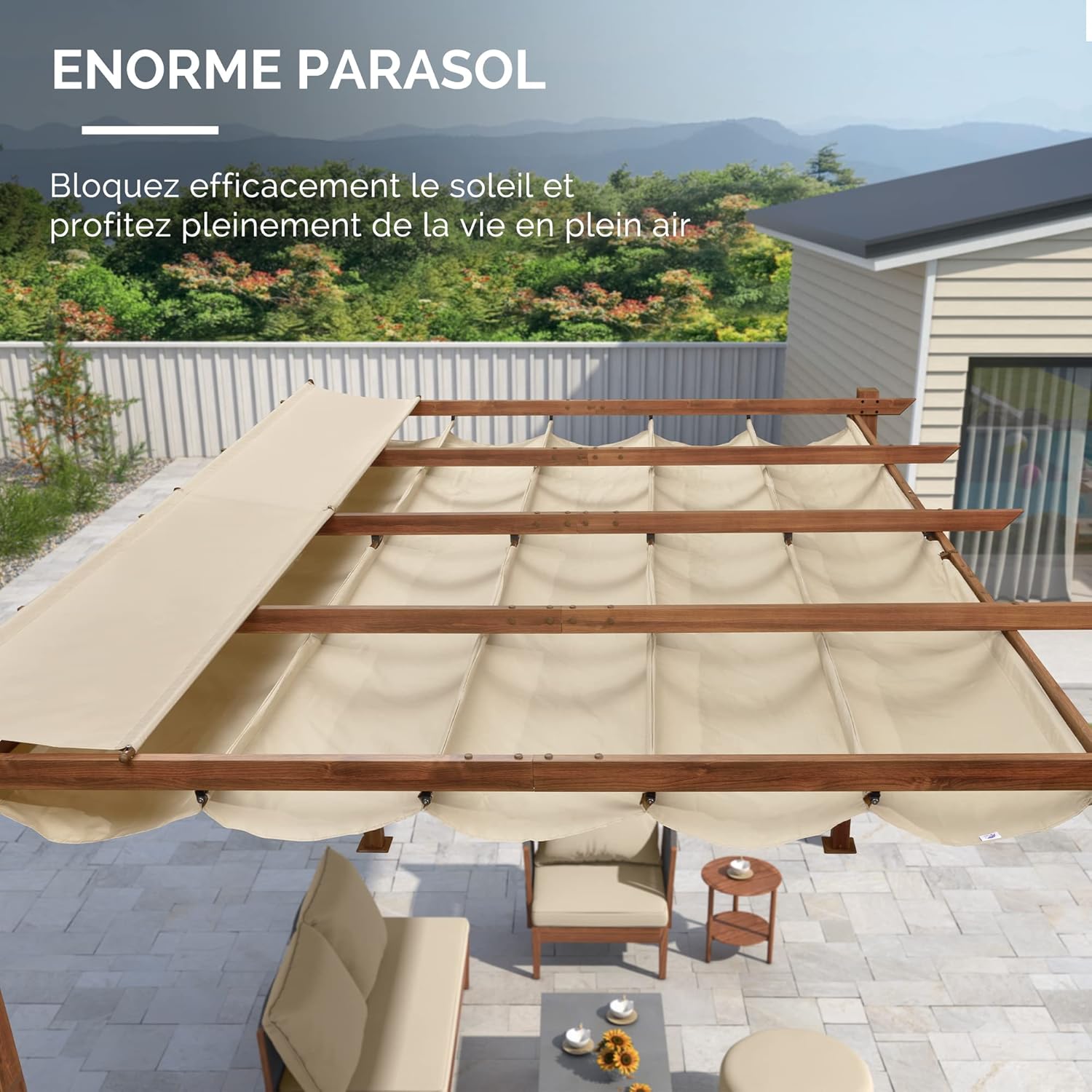 karaca-alisveris - Pergola aluminium 4x3m, toit rétractable, éclairage intégré, finition teck, kaki