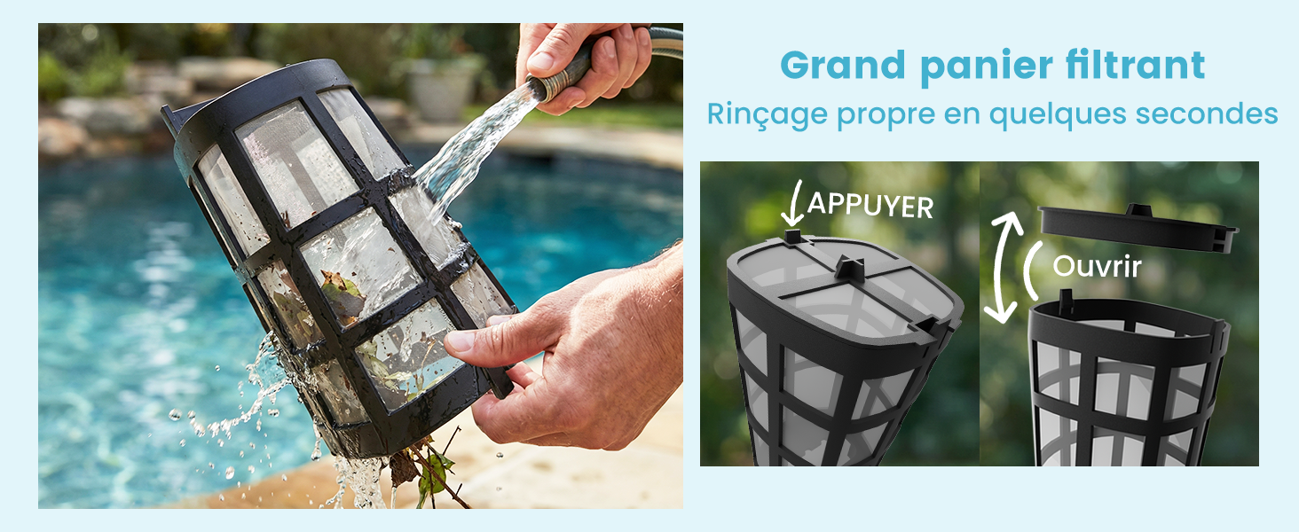 Le texte indique « Grand panier filtrant » « Rechargé partout en uniquement sélectionné ». Image divisée montrant un filtre à eau portable noir tenu à la main et l'emballage du produit affiché.