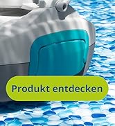Le texte indique « Produkt entdecken ». Appareil ou produit de couleur turquoise affiché sur fond d'eau bleu sous plusieurs angles.