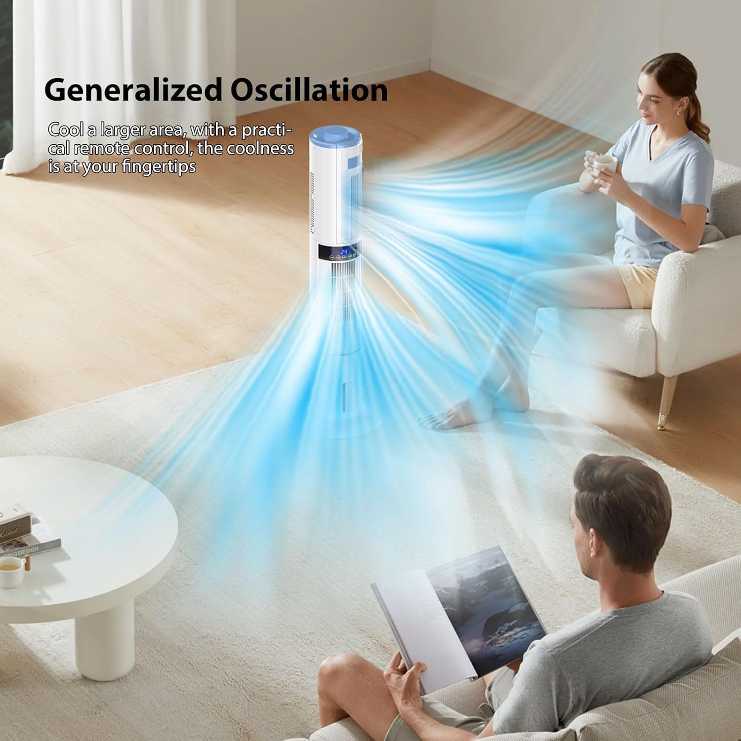 Climatiseur Mobile Silencieux Portable Rafraîchisseur d'air 360° Oscillation, Sortie d'air Double, 24H Minuteries, 65W, 4 Modes et 3 Vitesses avec Télécommande pour Chambre, Bureau, Cuisine