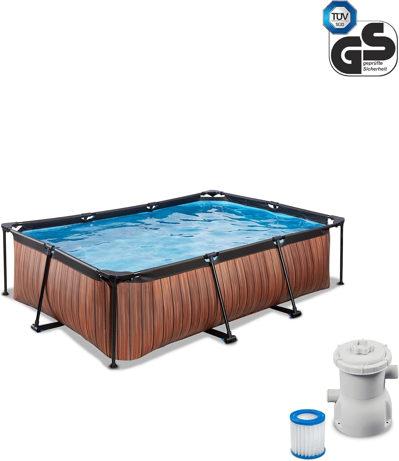 karaca-alisveris Piscine en Bois - 220 x 150 x 65 cm - Rectangulaire et compacte - avec Pompe à Filtre à Cartouche - Facile d'accès - Convient pour Les Tout-Petits - Cadre Solide - Design Unique - Marron
