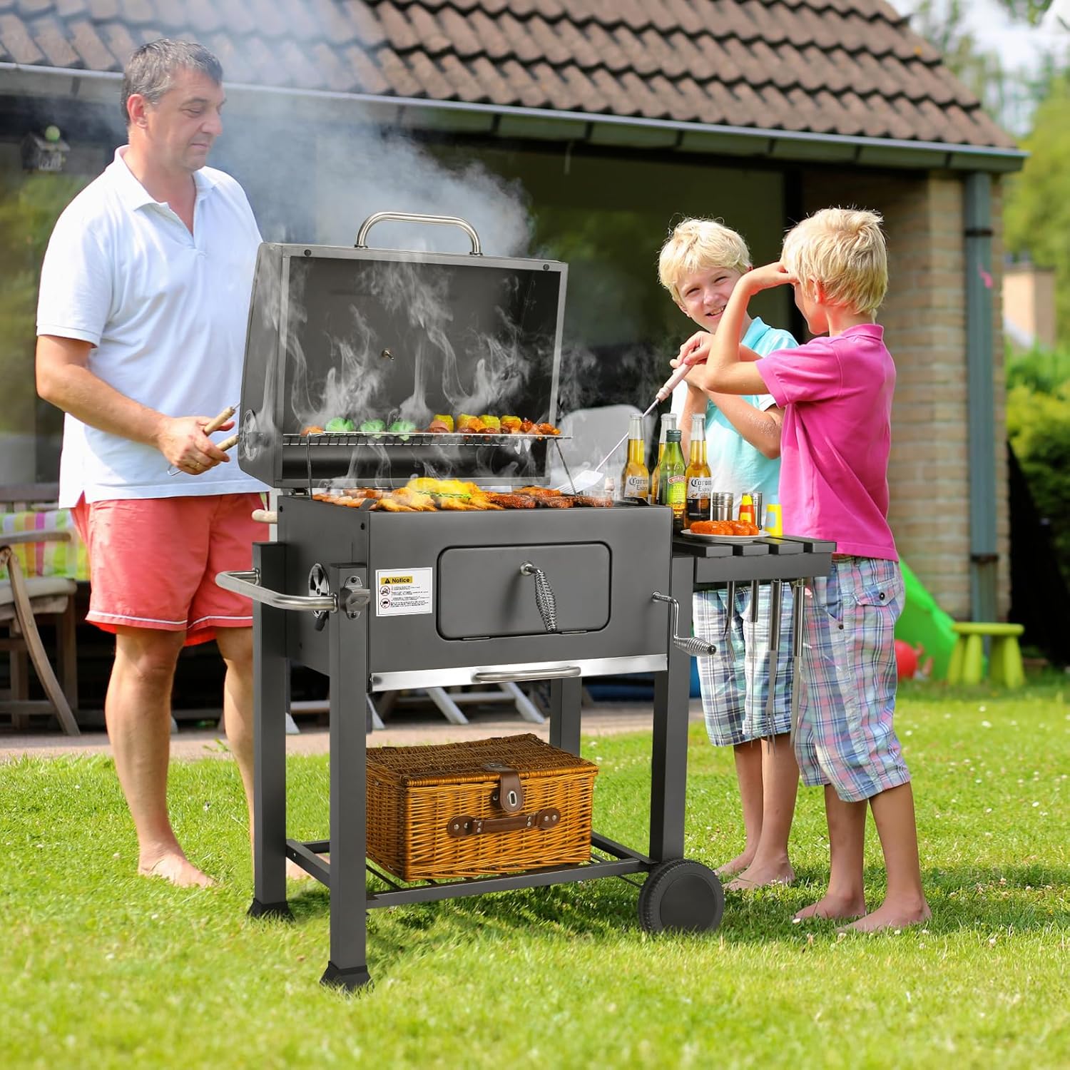Barbecue charbon XL - chariot avec couvercle - hauteur réglable - roues, thermomètre, grande surface