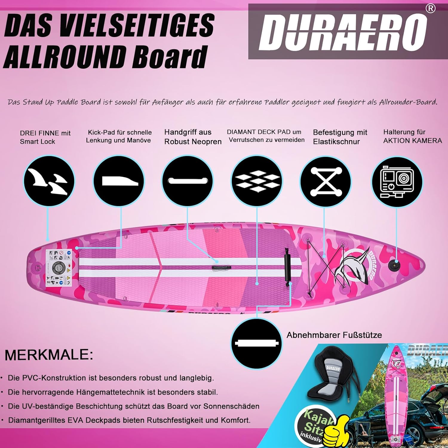 Stand up Paddle gonflable - siège kayak - 330x76x15cm, 150kg, accessoires, Pink