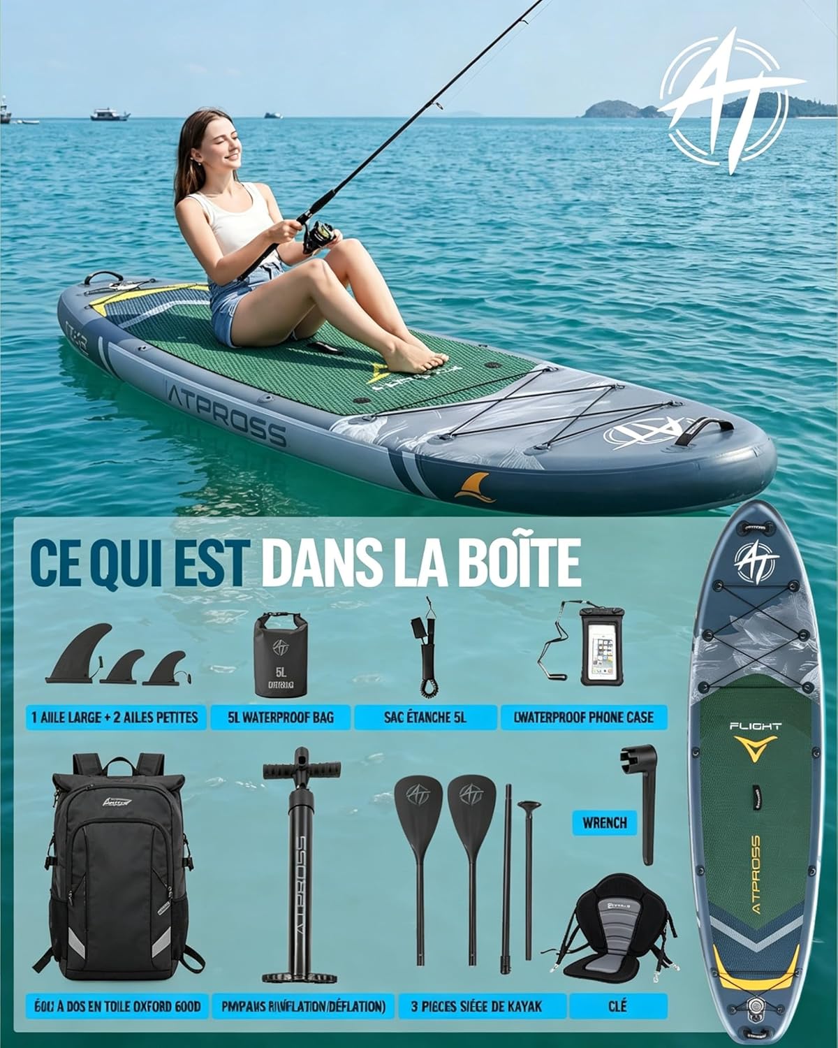 Stand Up Paddle gonflable 320x84cm, 2 places, charge 200kg, siège kayak
