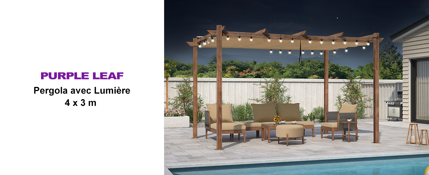 de marque karaca-alisveris avec guirlandes lumineuses, mesurant 4 x 3 m, illustrée dans le cadre d'une piscine extérieure avec des meubles en dessous. Dispose d'un design moderne avec auvent illuminé.