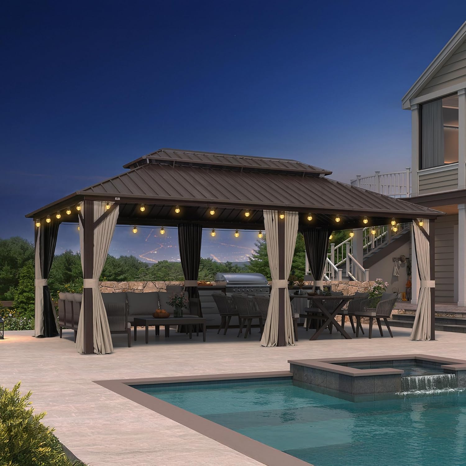 karaca-alisveris - pergola double toit rigide 6x3,65m, aluminium, guirlande, rideaux