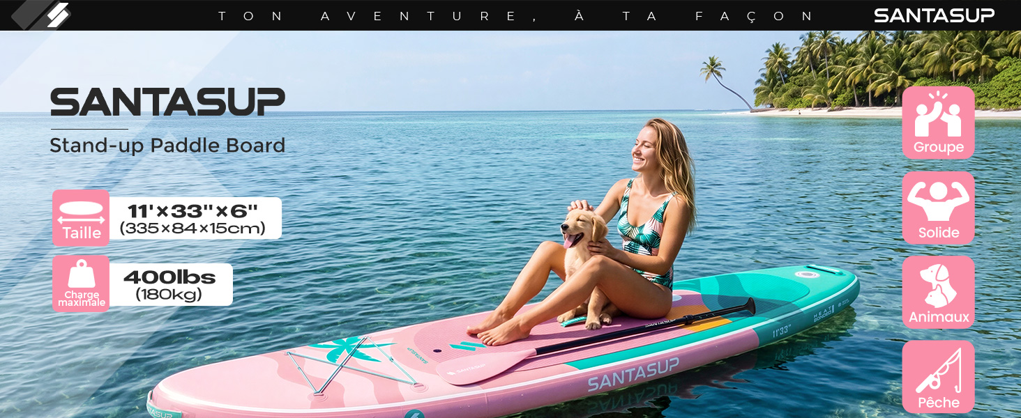 Le texte indique « karaca-alisveris » avec les informations sur le produit visibles. L'image montre une personne sur un paddleboard bleu sur l'eau, vêtue d'une tenue rose et blanche, présentation du produit avec des éléments de marque roses.