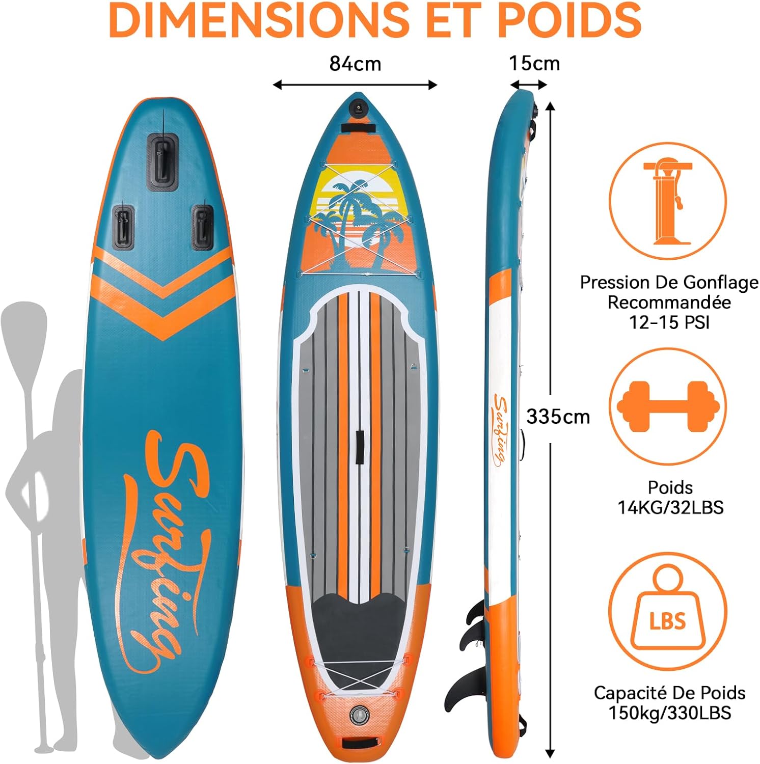 karaca-alisveris - Paddle gonflable adulte - 320/335cm - 2 personnes, siège kayak, pagaie alu, caméra, pompe, 150kg
