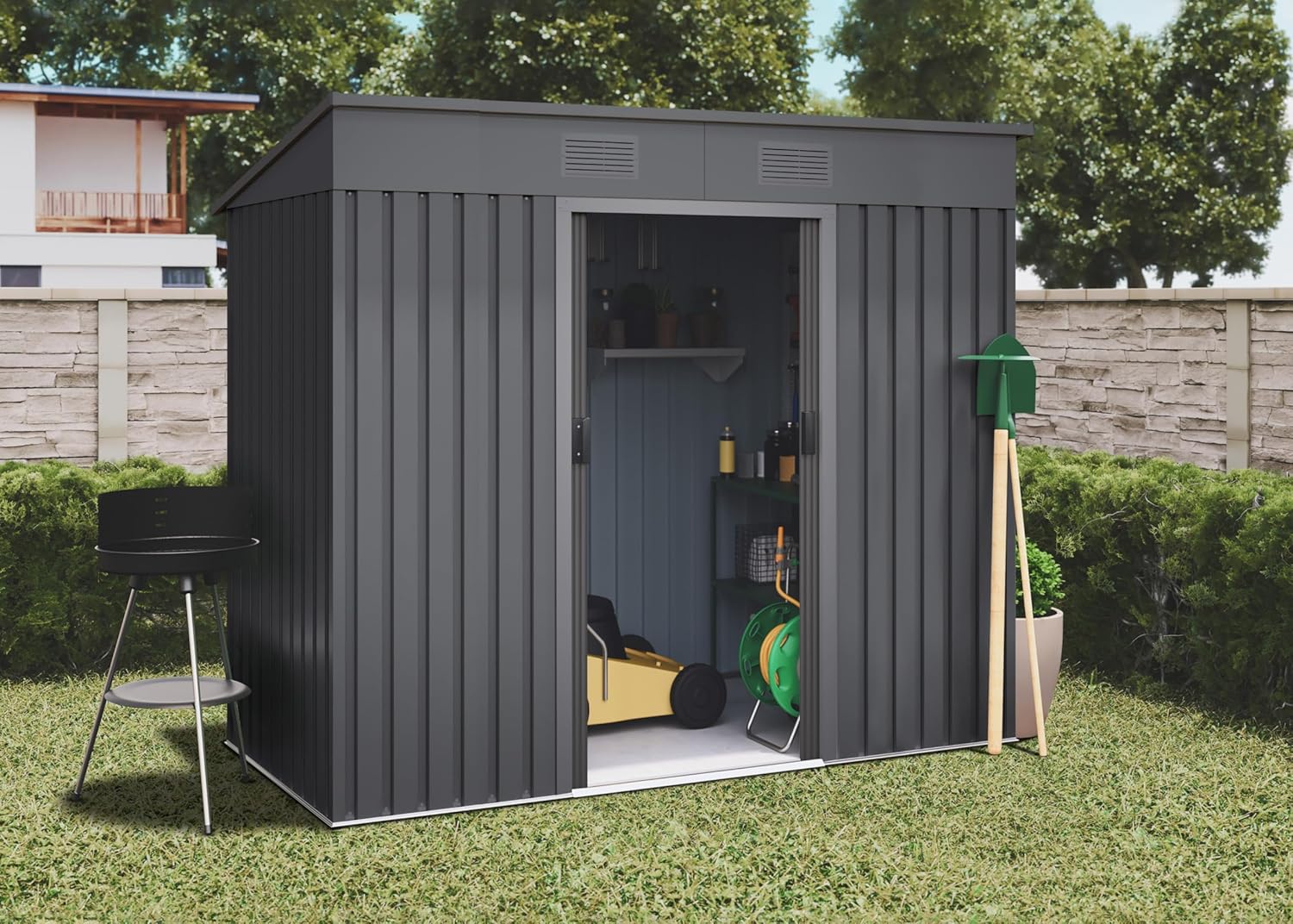 Abri de Jardin en métal 3,14m2 Light Anthracite - 238x130x202cm - 2 caillebotis - Anthracite - Double Porte coulissante - Rangement extérieur
