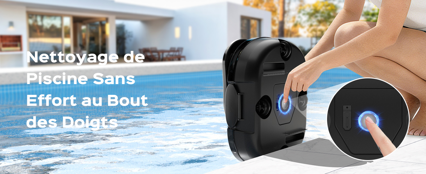 Le texte indique « Piscine sans effort au bout » et « Nettoyage de ». Images de produits montrant ce qui semble être de l'équipement ou des accessoires liés à la piscine.