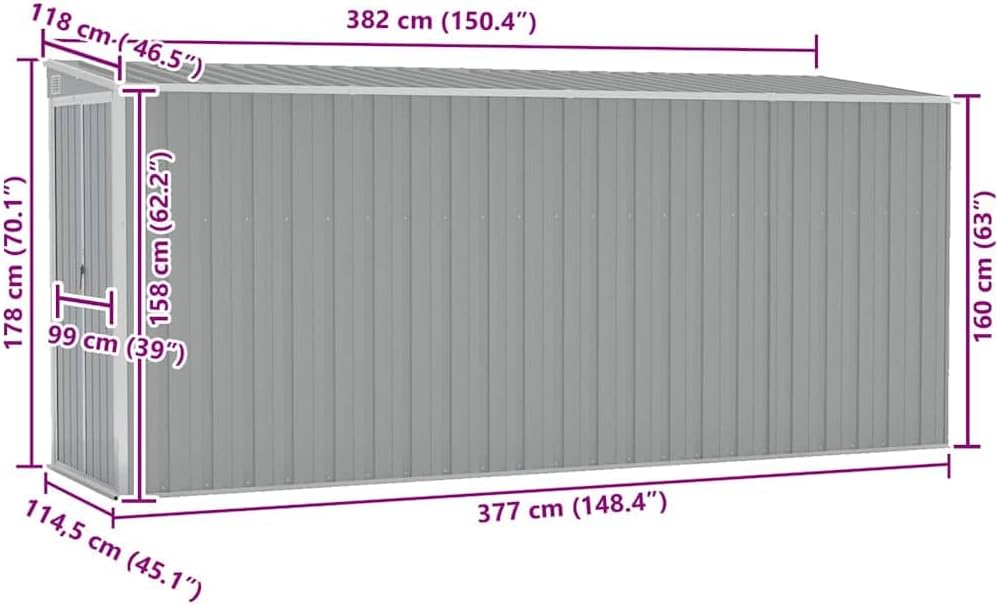 karaca-alisveris Abri de Jardin Mural Gris 118x382x178 cm Acier galvanisé,Structures extérieures, Cabanes & abris de Jardin,316230