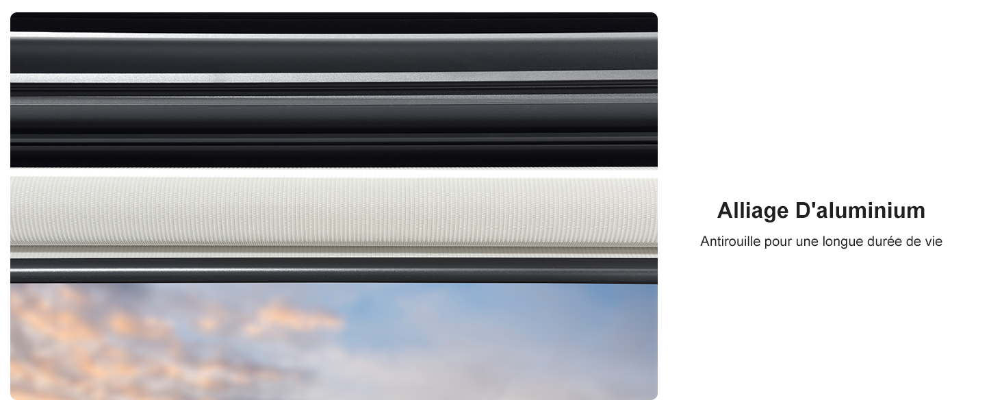 Des bandes horizontales de matériaux et de textures variés, y compris des surfaces noires brillantes, un tissu blanc texturé et un paysage de ciel. Le texte « Alliage d'Aluminium