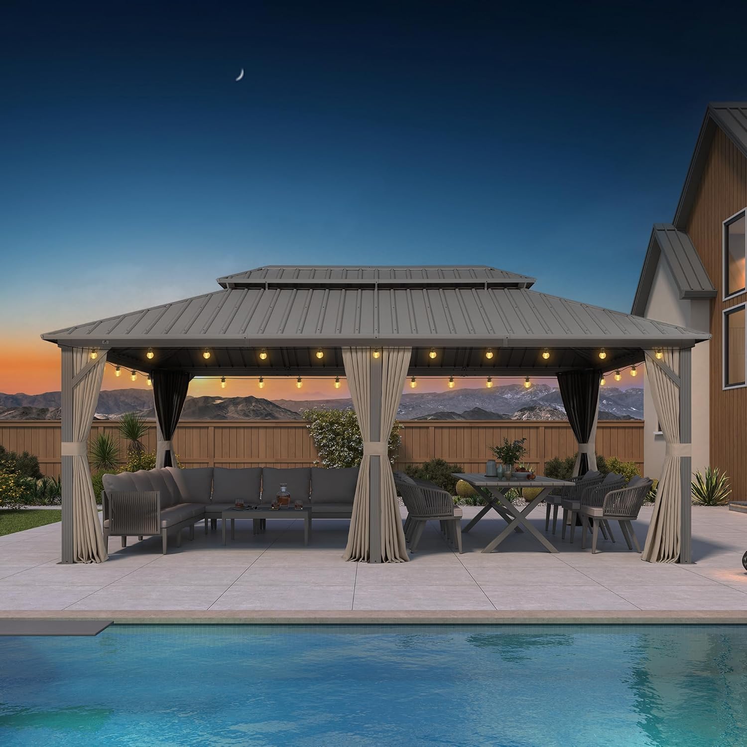 karaca-alisveris Tonnelle de Jardin Extérieur 6 x 3,65 m avec Guirlande Lumineuse, Pergola Aluminium à Toit Rigide en Acier Galvanisé, Pavillon Imperméable pour Camping, Fête, Barbecue, Champagne