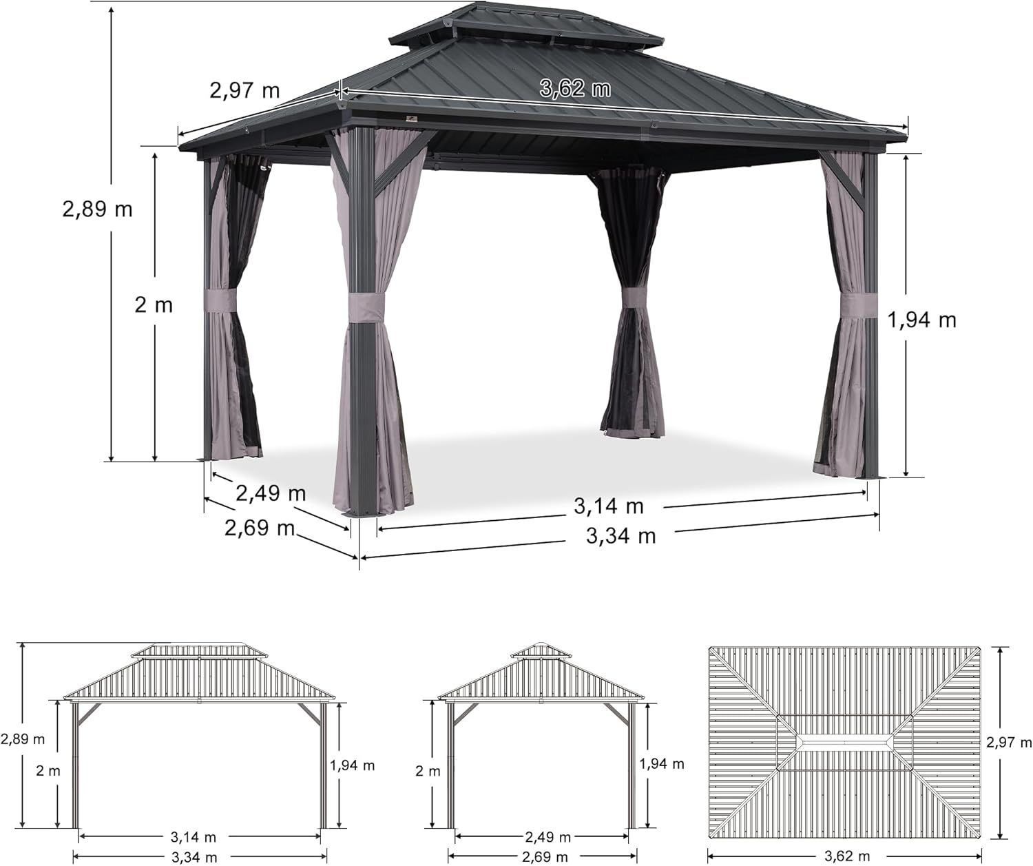 karaca-alisveris - Pergola aluminium double toit 3,65x3m rideaux moustiquaire
