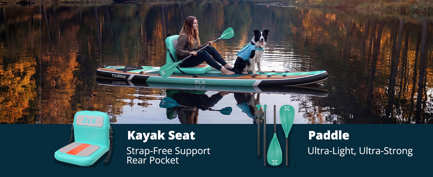 Le texte indique « Siège de kayak - Poche arrière de soutien sans sangle » et « Pagaie - Ultralégère et résistante ». L'image montre une personne en kayak sur l'eau avec un siège bleu sarcelle et un équipement de pagaie.