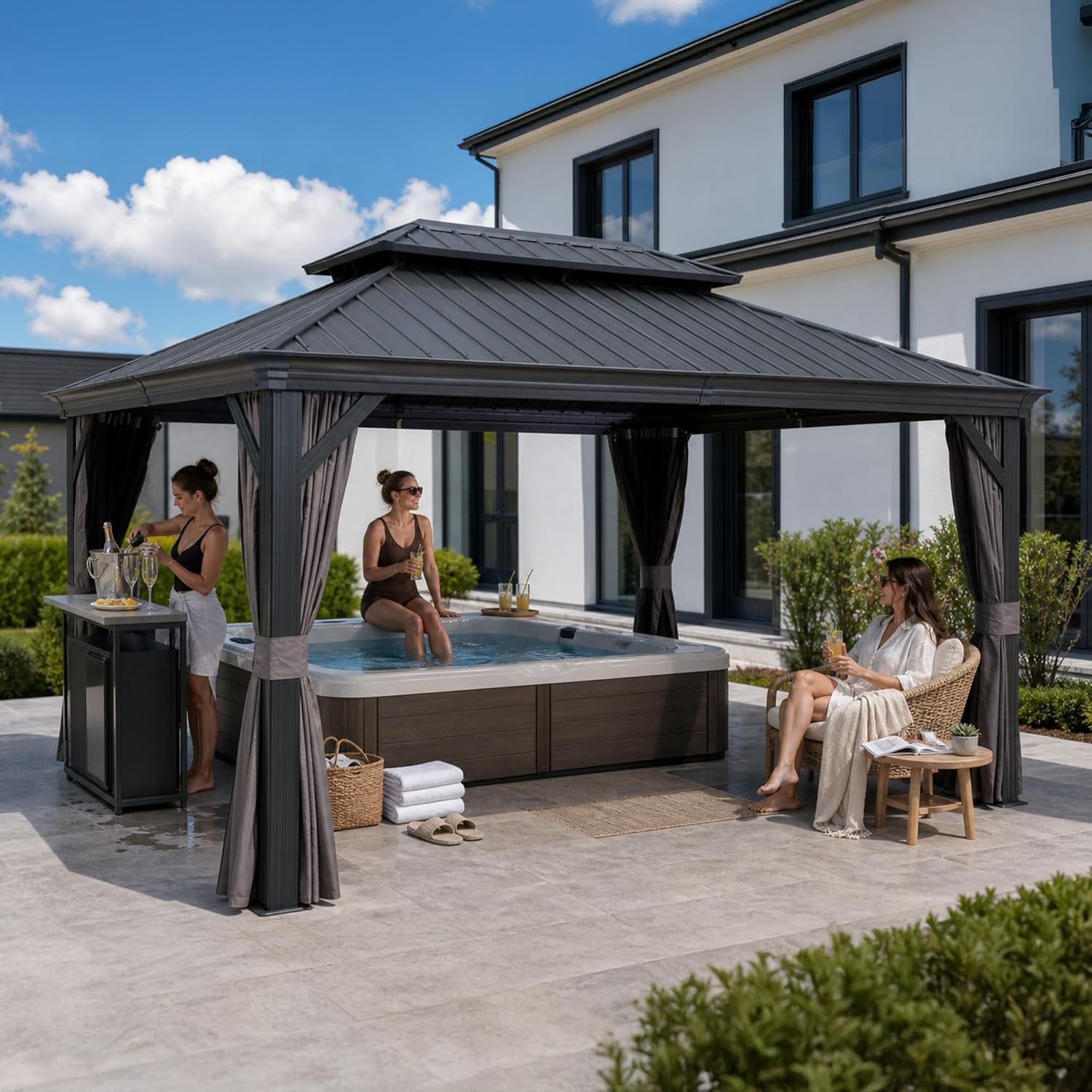 karaca-alisveris - Tonnelle Jardin 4,25x3 m - acier galvanisé, rideaux épais, gouttière