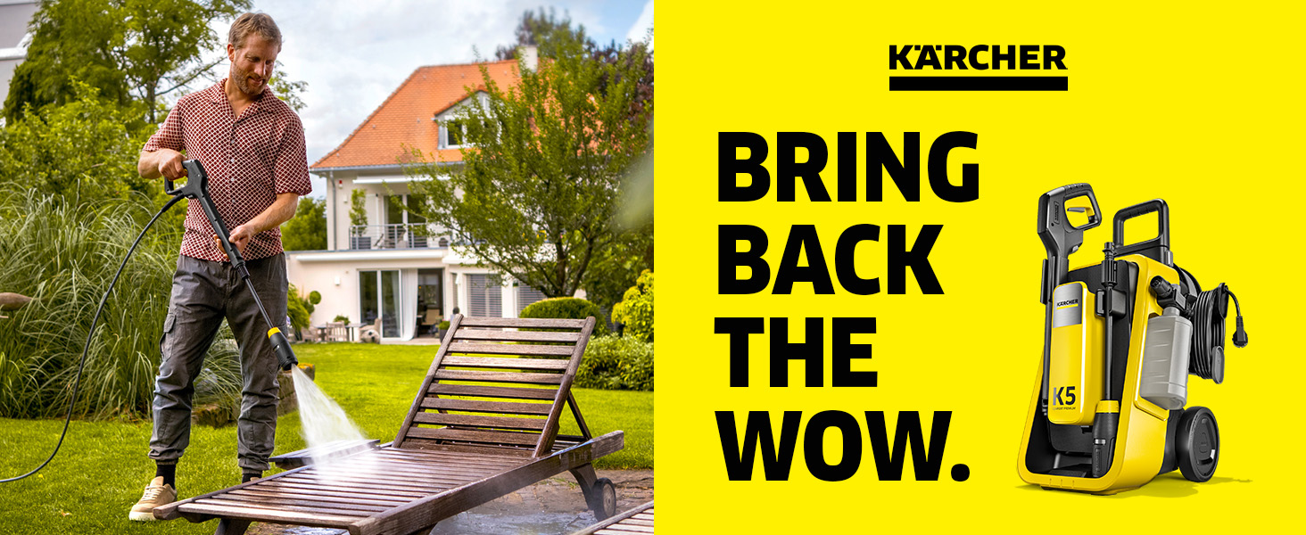 Le texte indique « karaca-alisveris » et « BRING THE WOW ». Publicité montrant de l'équipement de nettoyage extérieur utilisé sur les meubles et les surfaces de patio.