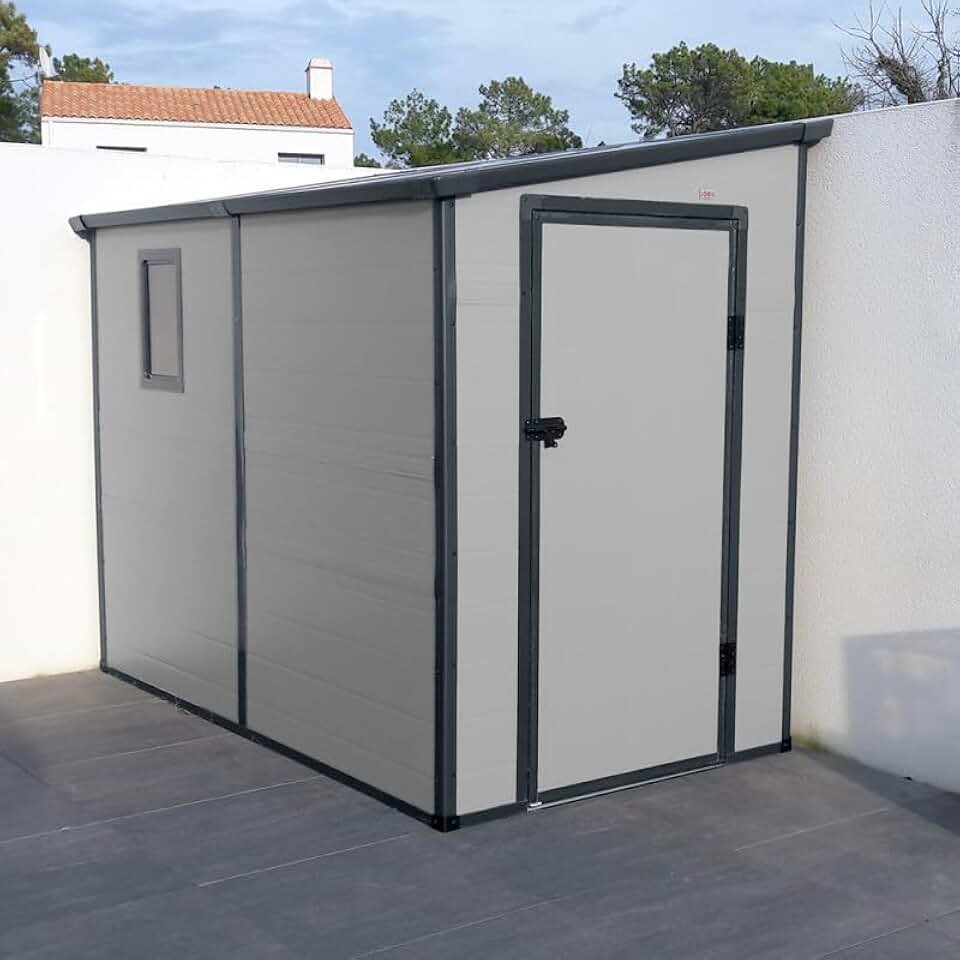karaca-alisveris Abri de Jardin Adossé en Résine 3,55m² | Gris Clair avec Fenêtre et Aération | Kit de Fondation Inclus | Structure Acier Galvanisé