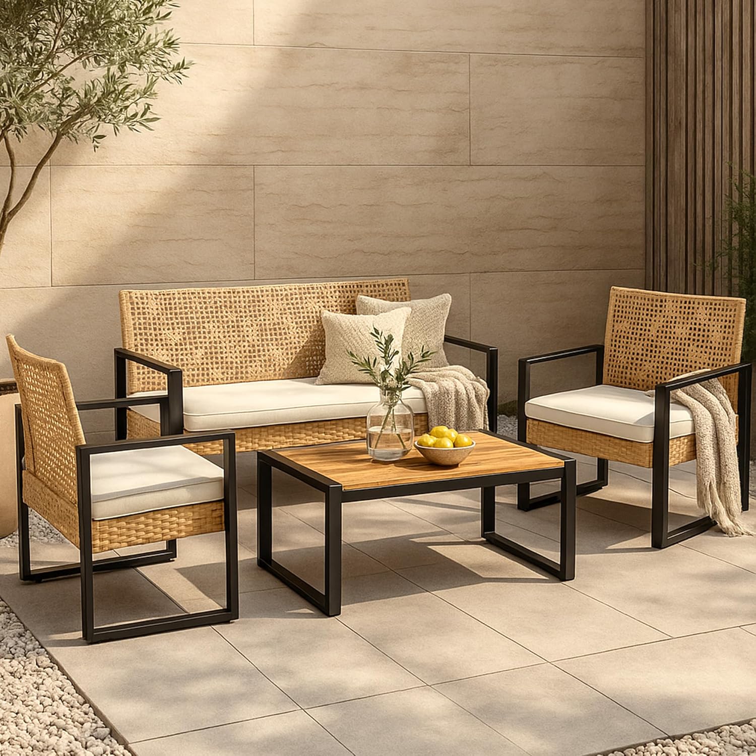 karaca-alisveris - Salon de jardin 4 pièces, acier/acacia, 2 chaises + banc, beige/naturel
