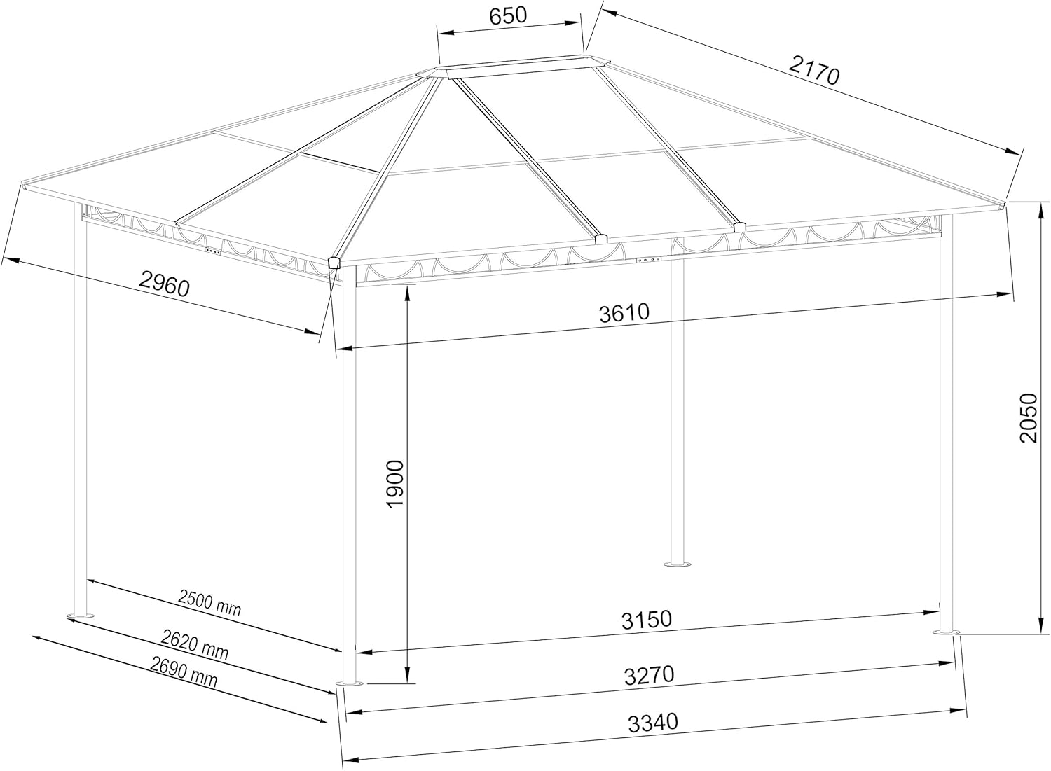 karaca-alisveris - tonnelle rigide métal - 3 x 3,6 m - panneaux latéraux polycarbonate, anti-poussière