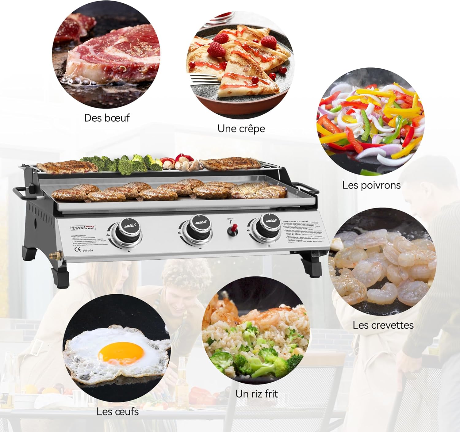 karaca-alisveris - Plancha gaz inox 3 brûleurs 61,5x32cm, 7,5kW, usage extérieur