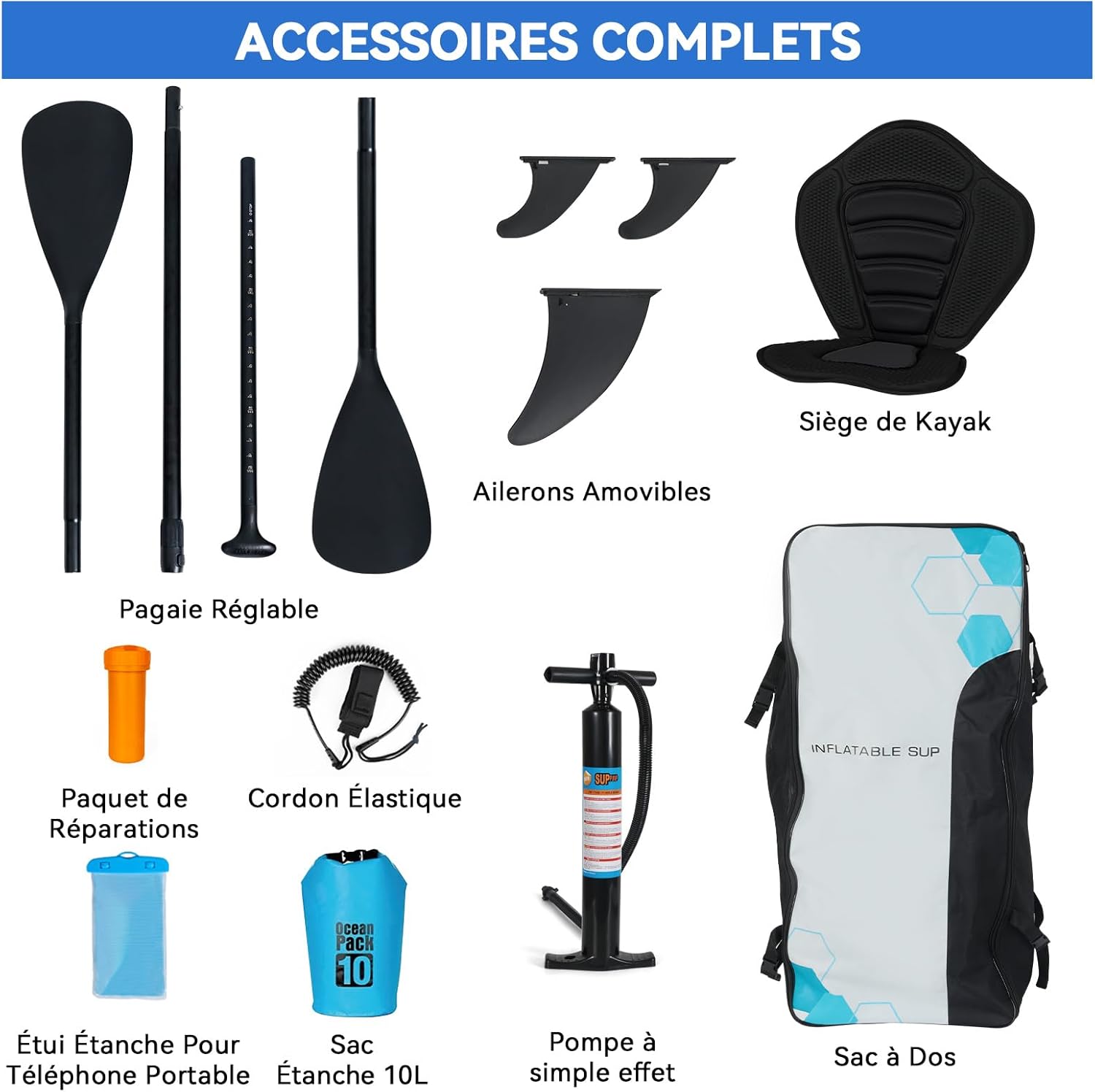 karaca-alisveris - Paddle gonflable 320/335cm - 2 personnes, siège kayak, jusqu'à 150kg