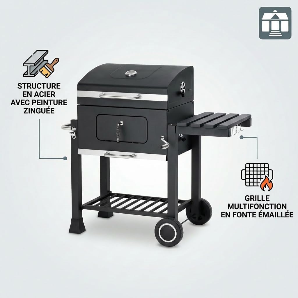 karaca-alisveris - Memphis - acier, grille, tablette pliable, roulettes, thermomètre, bac à cendres