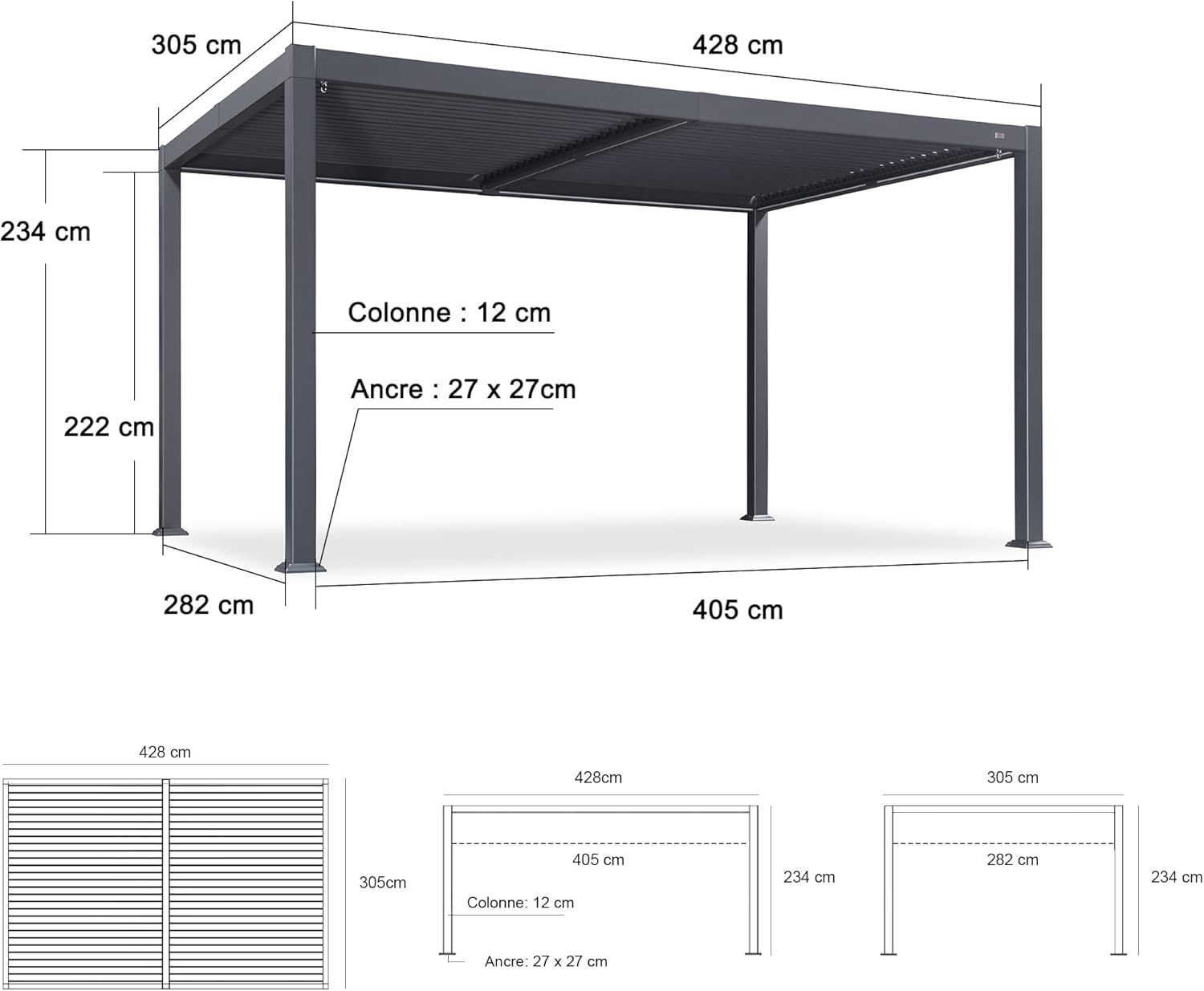 karaca-alisveris - Pergola aluminium bioclimatique - 3 x 4,25 m - Lames orientables, LED, étanche