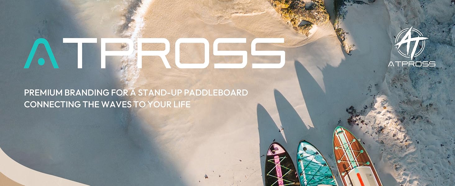 Vue aérienne d'une plage avec trois planches à pagaie colorées. Le texte superposé se lit comme suit : « karaca-alisveris : une marque haut de gamme pour un stand up paddleboard, qui connecte