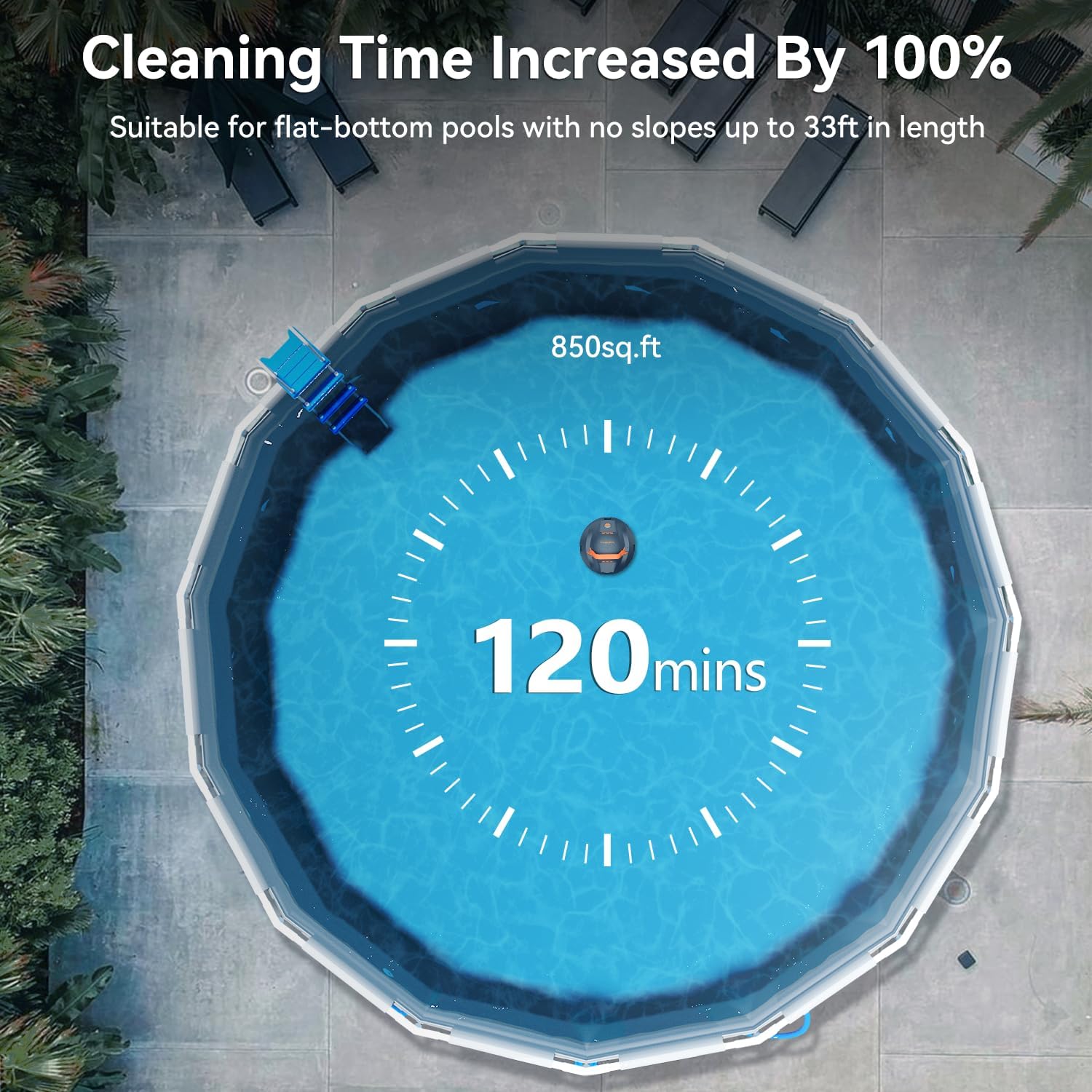 Robot piscine batterie - 120min autonomie, 80m², charge 2.5h, parking auto