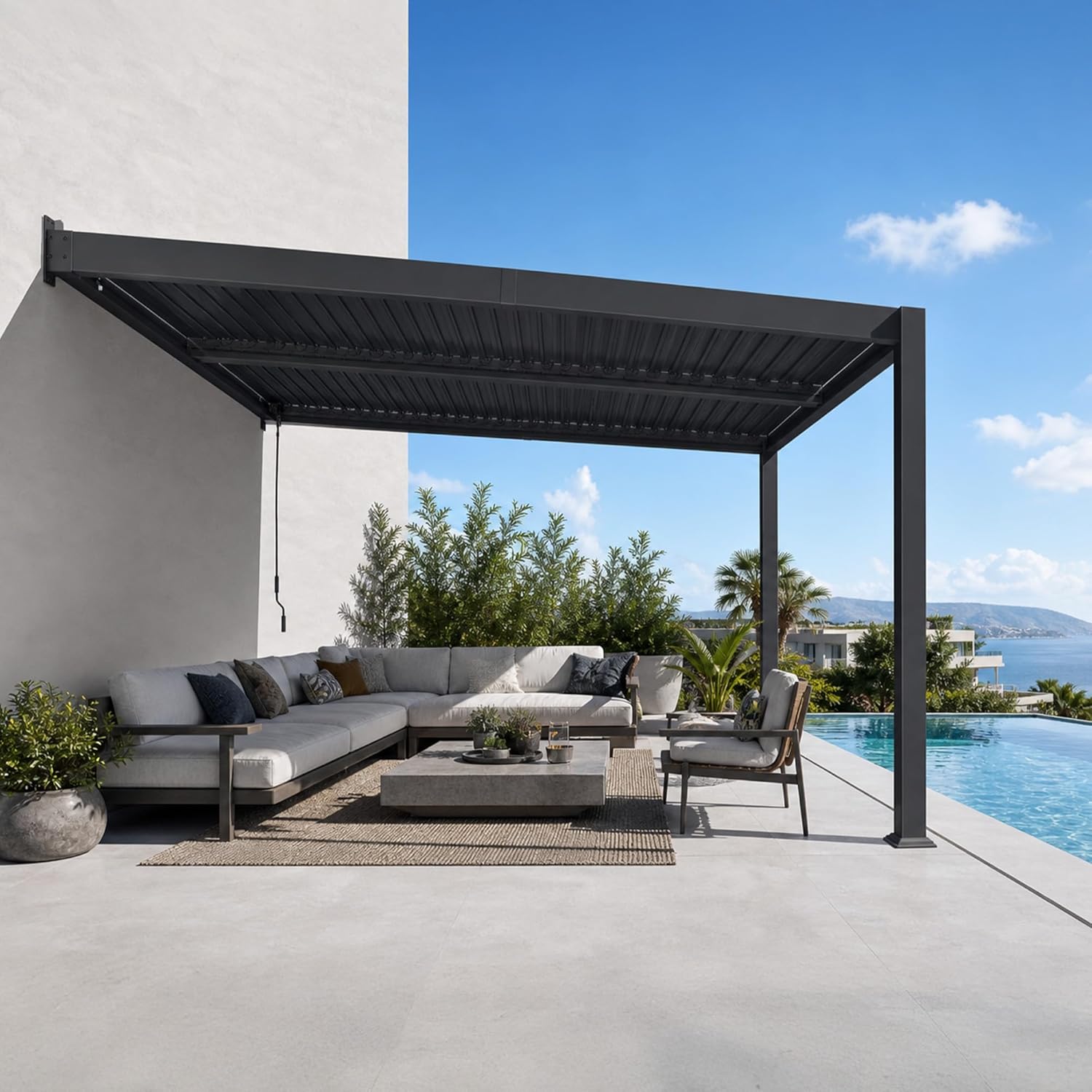 karaca-alisveris - pergola bioclimatique adossée - 2,5x3,65m - aluminium, lames orientables, imperméable, gain de place